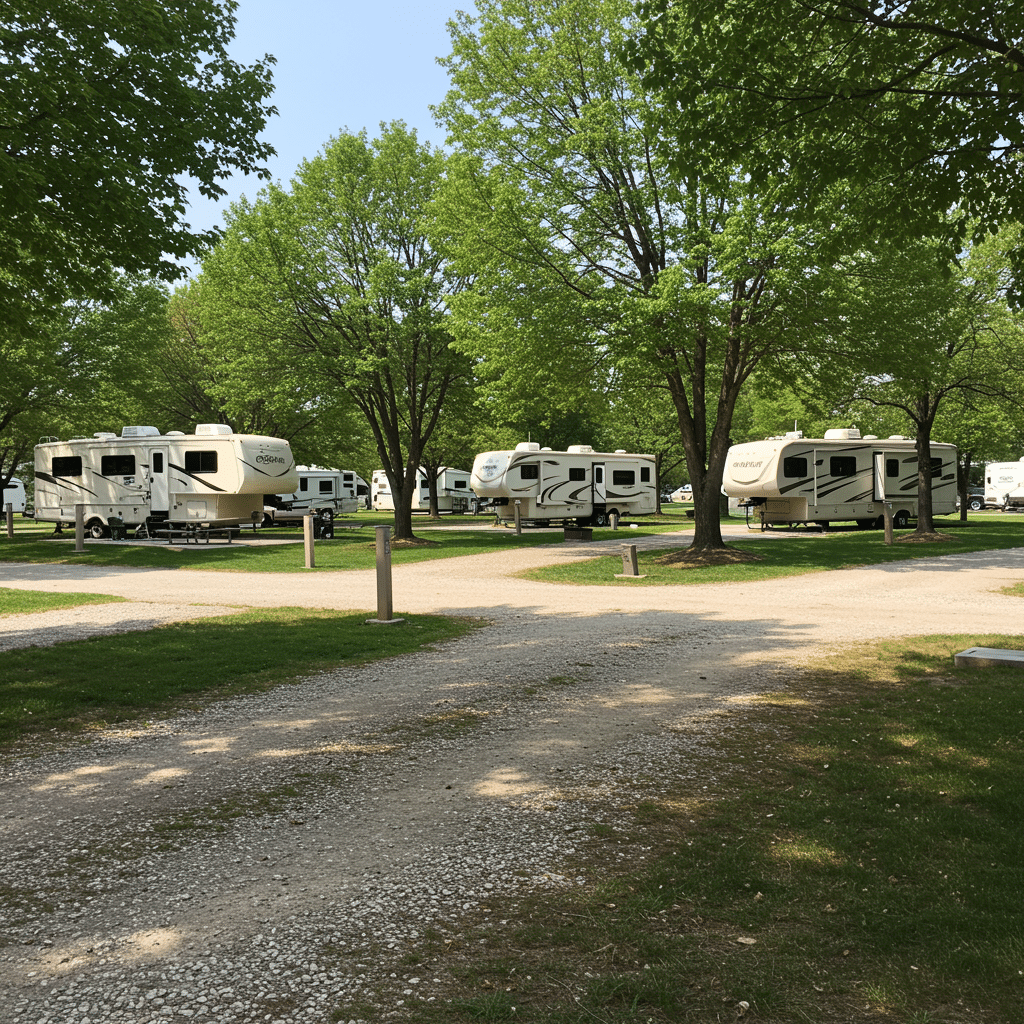 Spacious full hookup RV campsites with water and electric connections at a clean, modern RV park near Crawfordsville, Indiana, featuring grassy areas, mature trees, and well-maintained RV pads