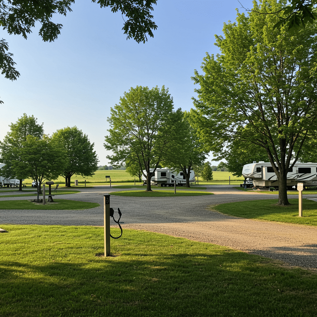 Scenic RV campsite with full hookups, clean sites, and green landscaping at 7414 Old State Road 25 N Lafayette, IN 47905-8209
