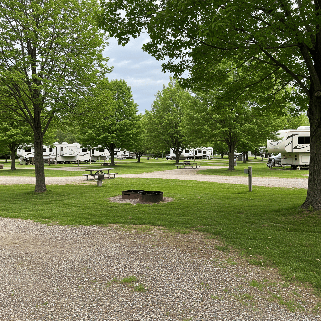 Spacious modern RV campsites with lush grass and tree-lined surroundings at 7414 Old State Road 25 N Lafayette, IN 47905-8209, offering full hookup and water & electric options.