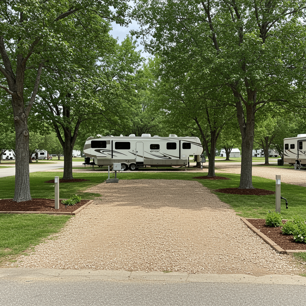 Beautiful full hookup RV campsite featuring a clean gravel pad, full utility connections, modern RV, and well-maintained landscaping under mature trees