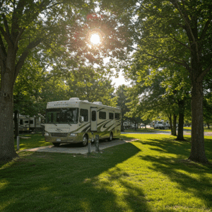 Full hookup RV campsite featuring spacious paved pad, lush landscaping, and utility connections for water, electric, and sewer