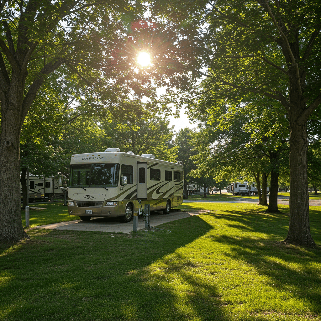 Full hookup RV campsite featuring spacious paved pad, lush landscaping, and utility connections for water, electric, and sewer