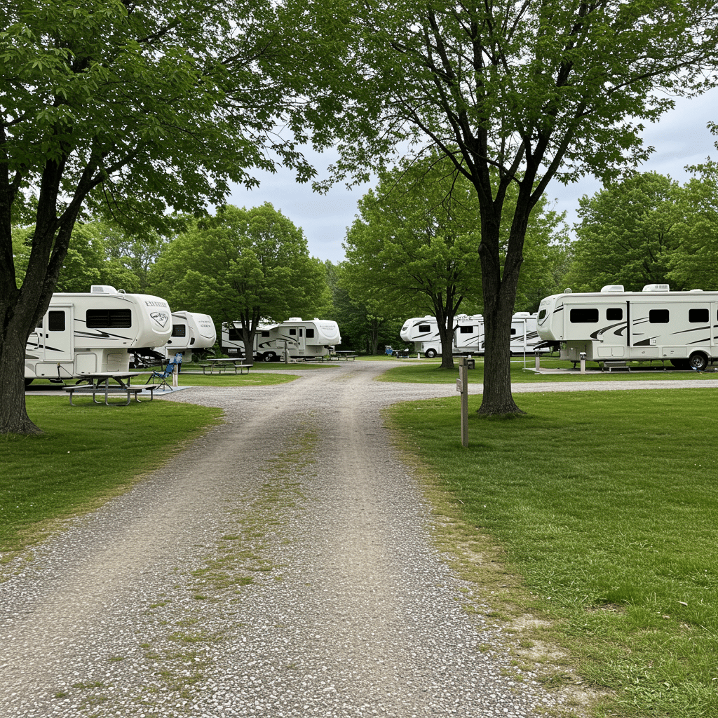 Spacious RV campsites with full hookups and water and electric options surrounded by greenery at 7414 Old State Road 25 N Lafayette, IN 47905-8209