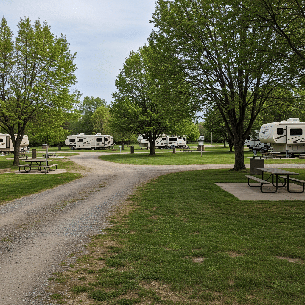 Spacious RV campsites with full hookups and well-kept grassy areas near Logansport, IN at 7414 Old State Road 25 N Lafayette, ideal for water, electric, and long-term RV stays.