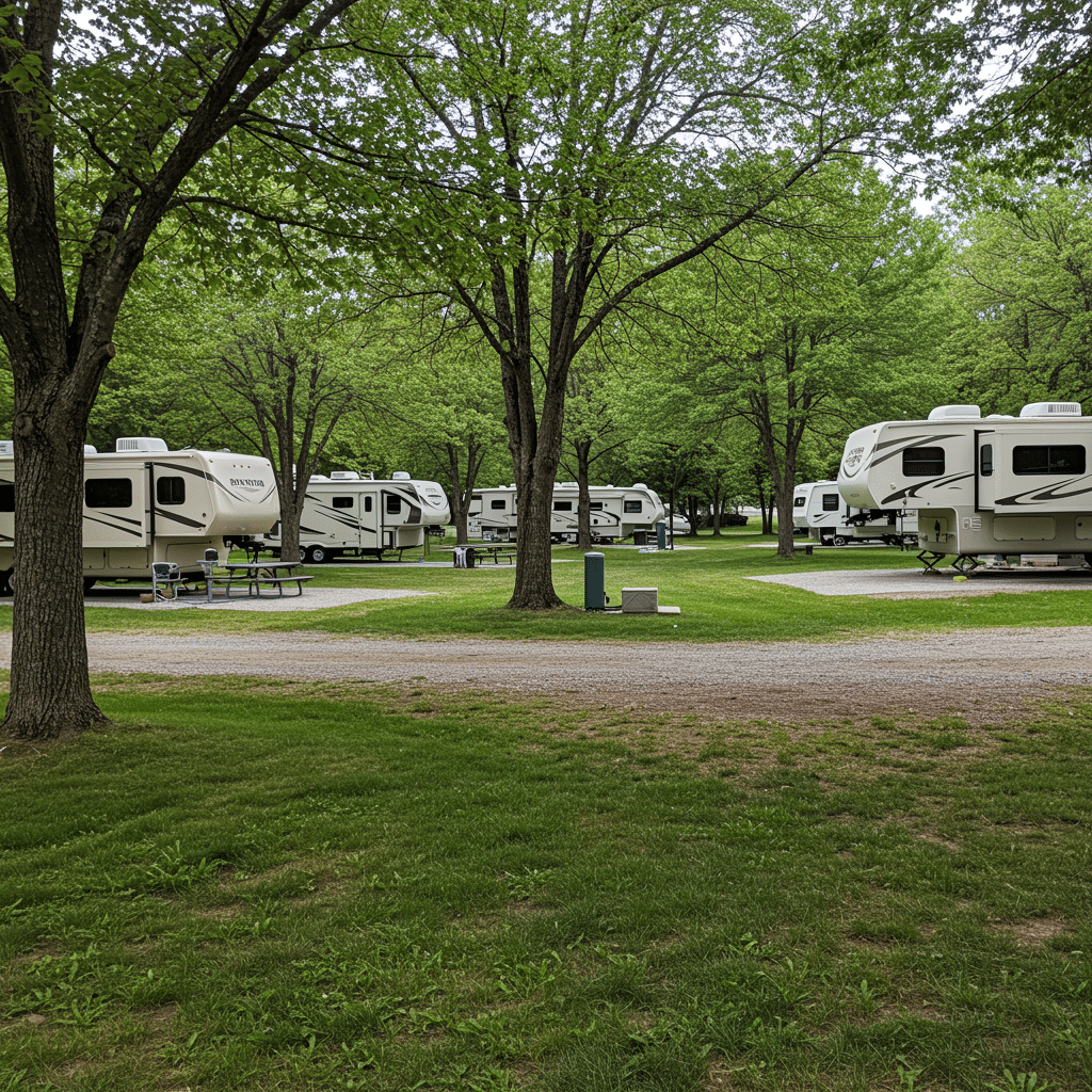 Beautiful RV campsite near Logansport, IN with full hookup and water and electric options, well-kept grassy areas, and modern amenities at 7414 Old State Road 25 N Lafayette, IN 47905-8209
