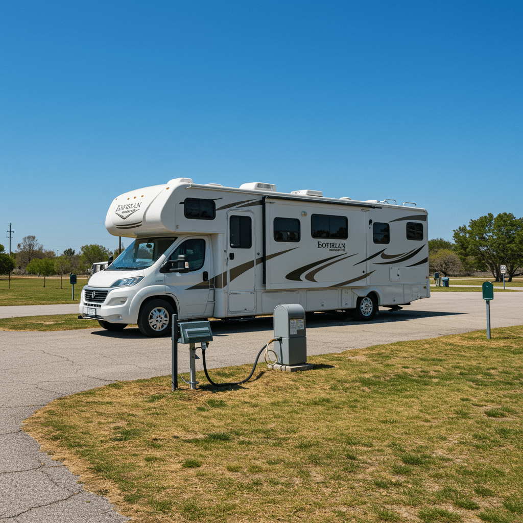 RV on a clean campsite with full hookups and neatly arranged water, electric, and sewer connections after tank pumping