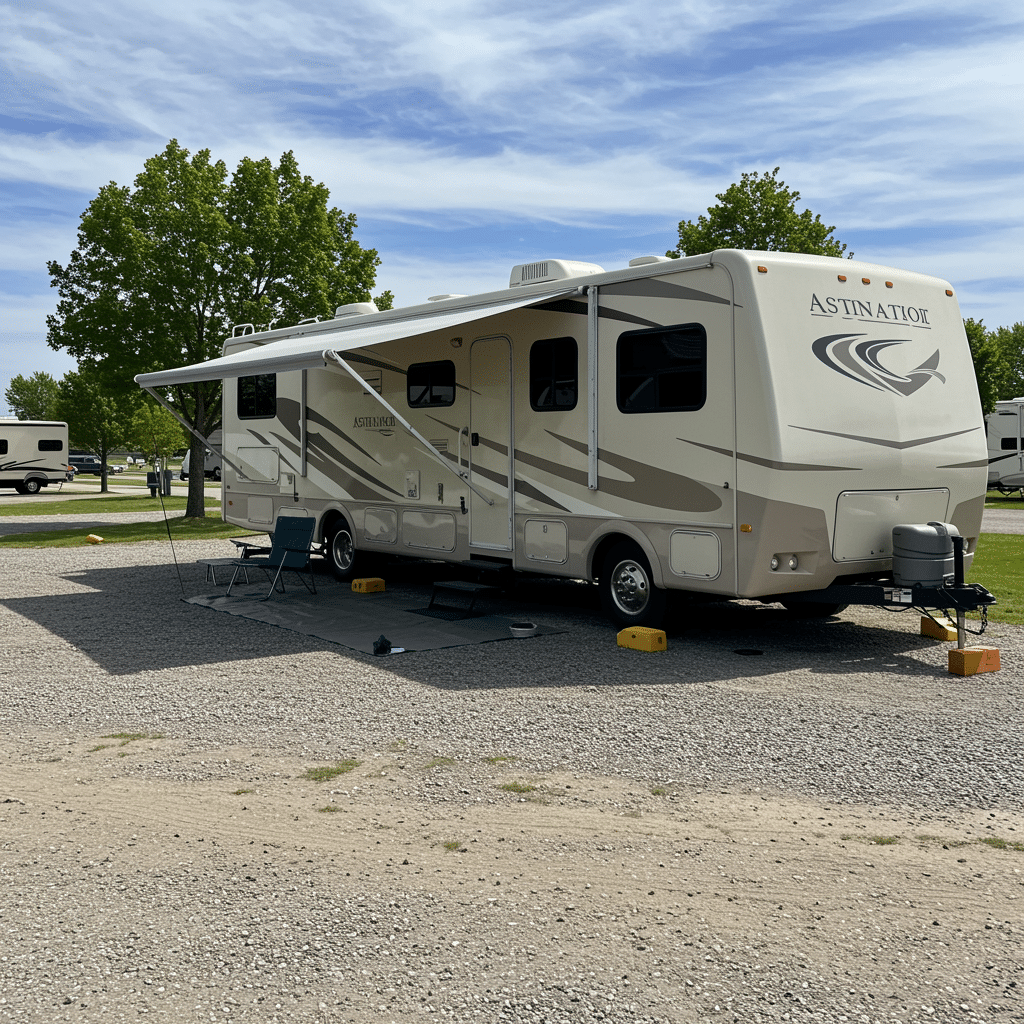 Pristine RV parked at a spotless campsite with visible hookup connections and tidy surroundings for RV tank pumping service