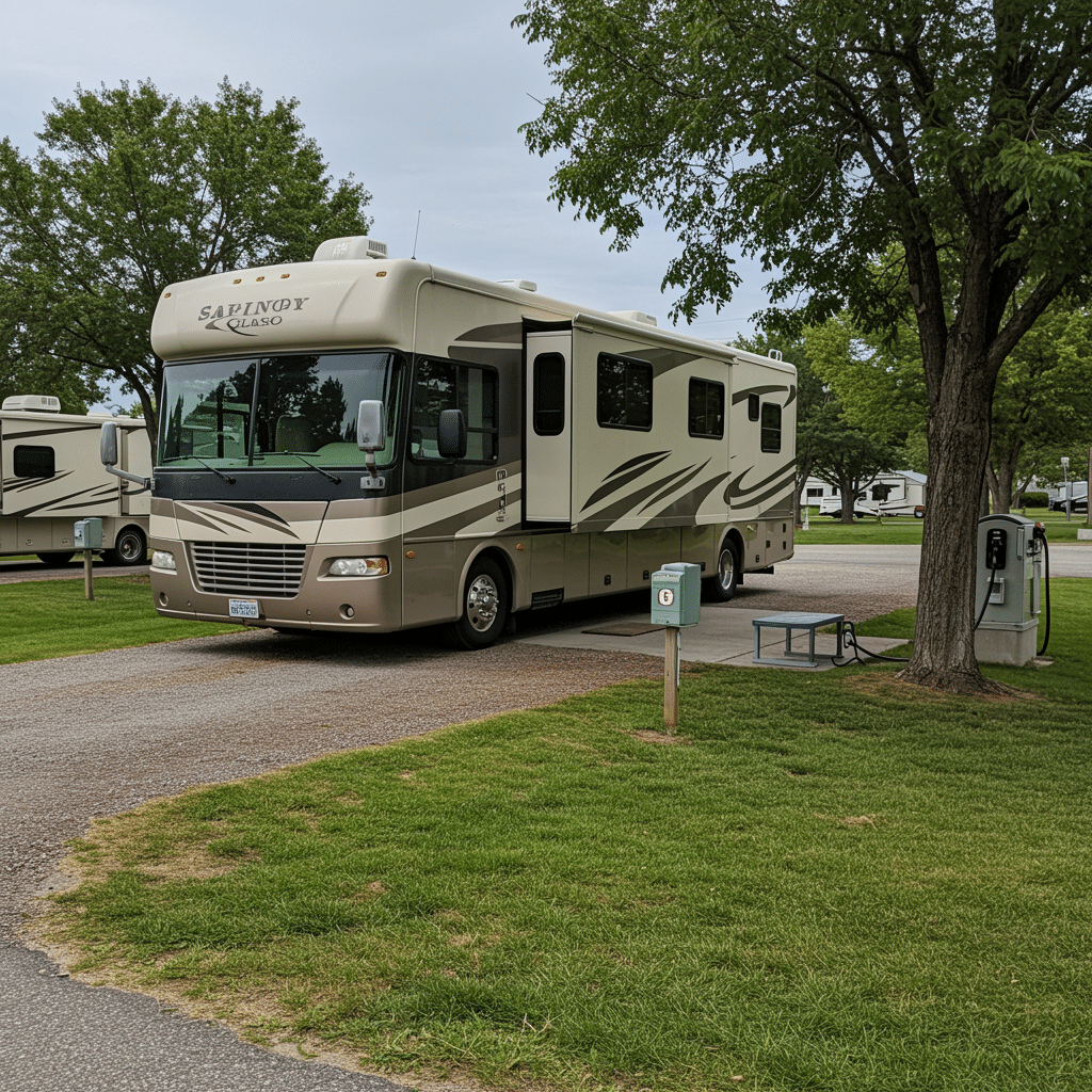 Pristine RV campsite featuring a clean motorhome parked with visible modern utility hookups, well-kept grass, and organized campsite area for RV tank pumping services