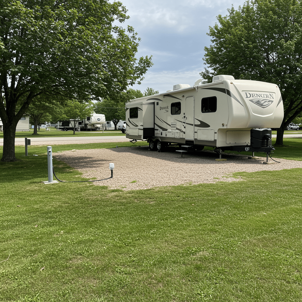 Water and electric RV campsite with RV on clean gravel pad, visible hookups, green grass, and shade trees