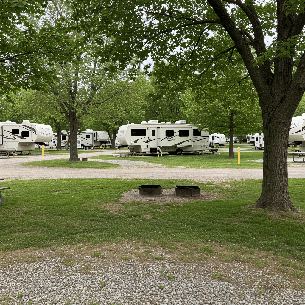 Well-maintained RV campsites with full hookups, water and electric hookups, and landscaped grounds at 7414 Old State Road 25 N Lafayette, IN 47905-8209